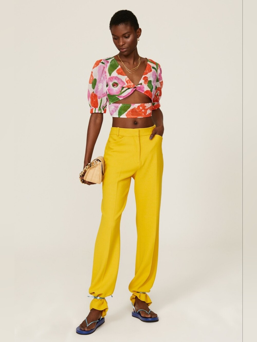 Banjanan Floral Aurora Crop Top 100% Cotton Puff Sleeve Tie Front Medium
